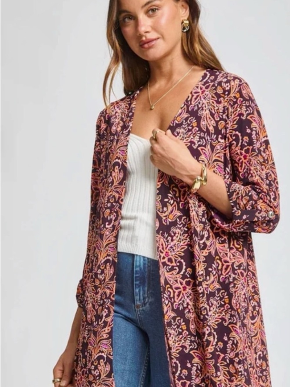 Women's Floral Open-Front Cardigan Sweater - Plum Floral